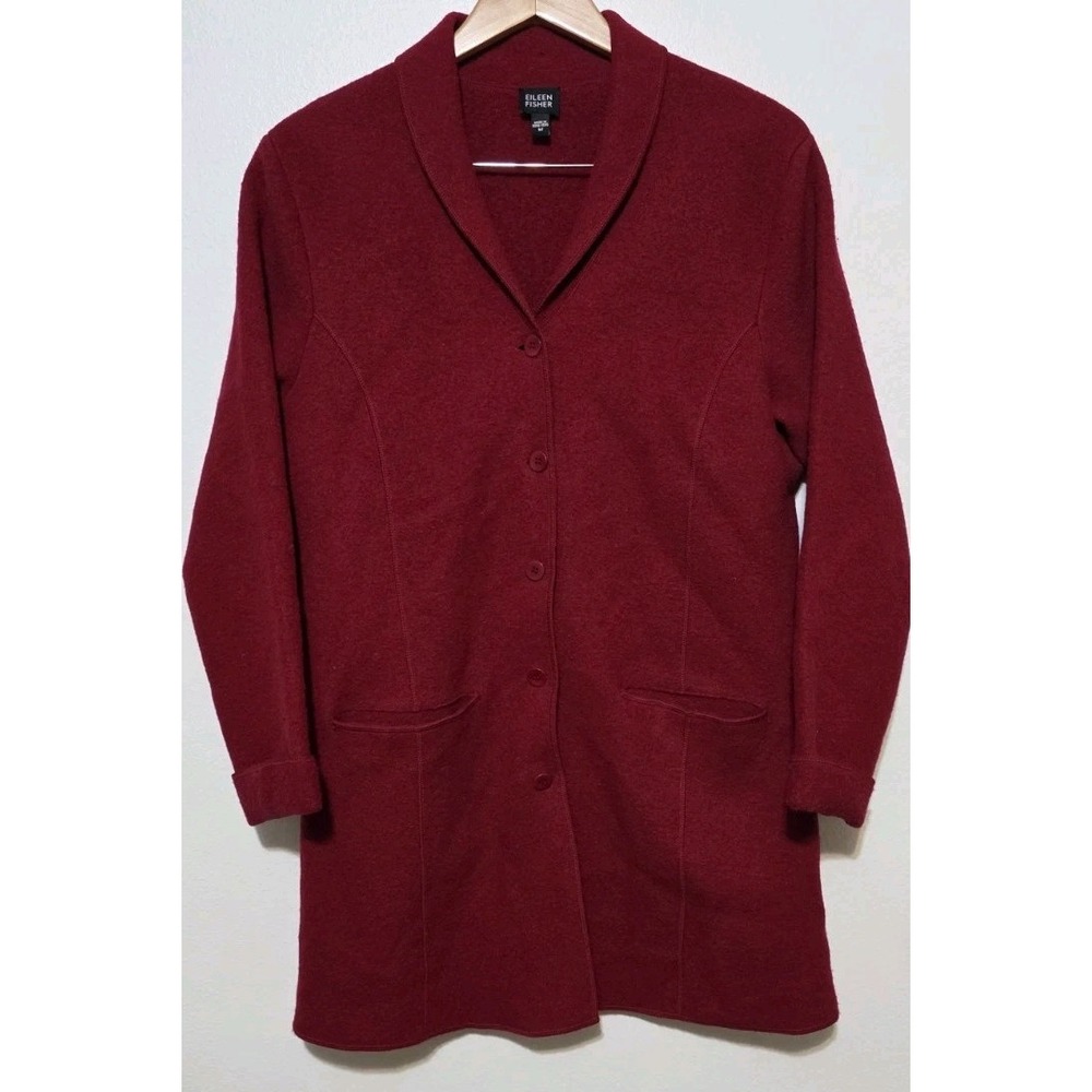 NEW‎ Eileen Fisher Women Wool Car Coat Felted Mock Neck Button Up Jacket Red M